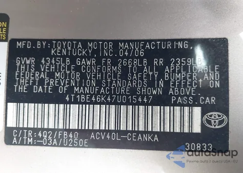 2007 Toyota Camry Le z USA, uszkodzony, nr VIN 4T1BE46K47U015447